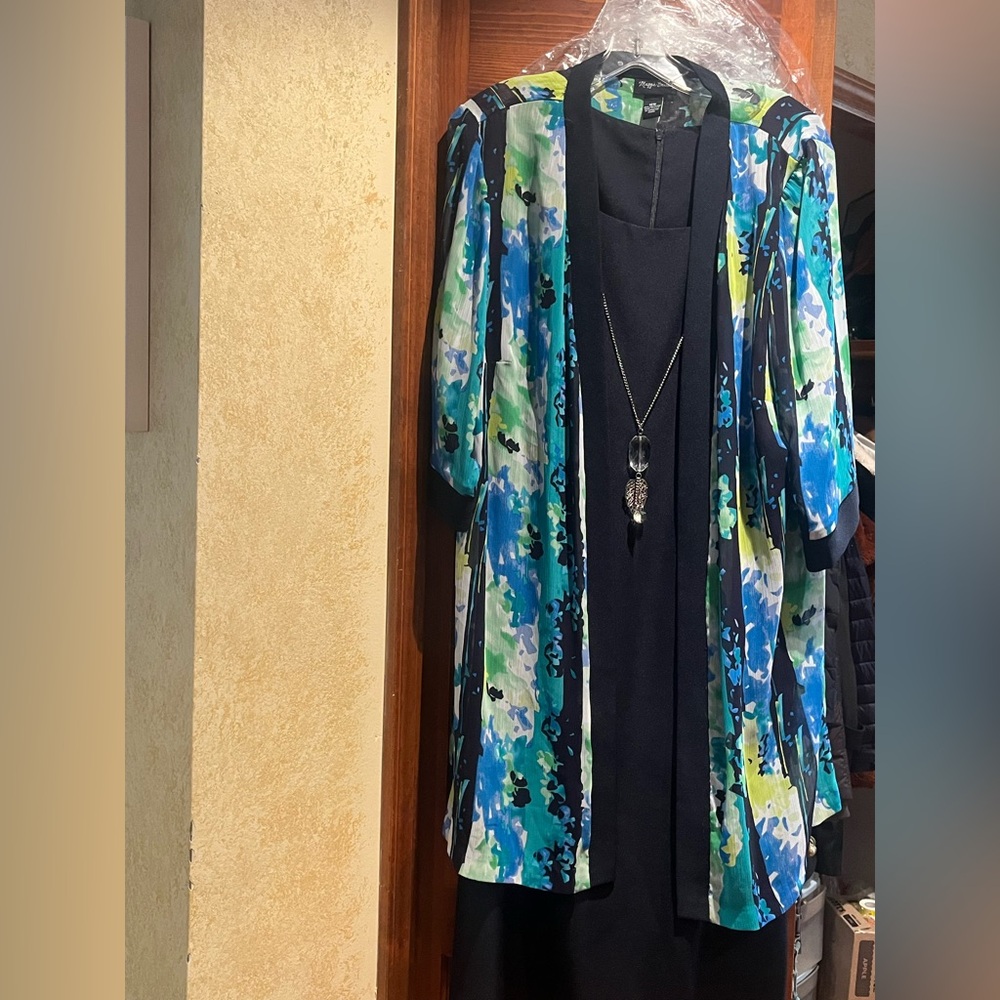 Maggie Barnes Black Dress with Blue & Green Abstract Duster